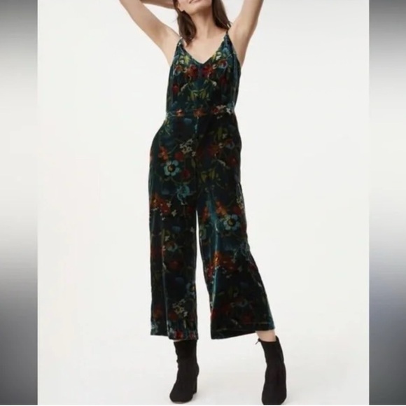 LOFT Floral Velvet Wide Leg Jumpsuit Holiday Green Casual Women’s Size 4 - Picture 13 of 13